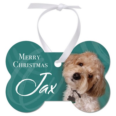 3.25"x 2" Gloss White Unisub Aluminum Dog Bone Ornament, 1-Side w/White Ribbon