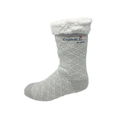 Sherpa Lined, Fuzzy Crew Sock with Full Color Print and Slip Resistant Grippers