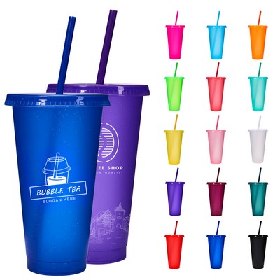 24 Oz Reusable Colorful Sequin Plastic Straw Cup w/ Splash Proof Lid