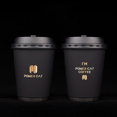 16oz 480ml Black Double Wall Paper Cup w/ Lid & Gold Foil Logo