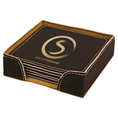 4" x 4" Black/Gold Square Leatherette 6-Coaster Set