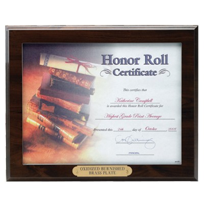 Walnut Finish Certificate Holder Plaque w/Engraving Plate (Slide-In Opening)