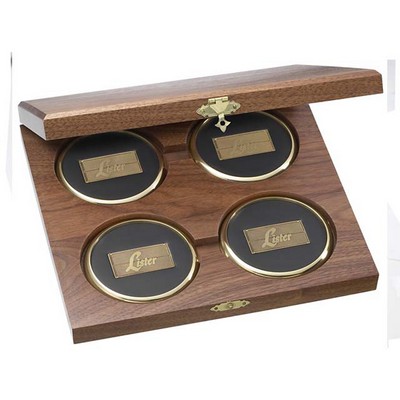 Walnut Presentation Cases w/4 Round Solid Brass Coasters