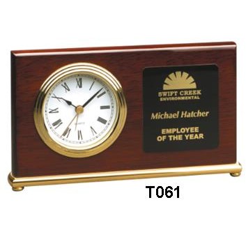 Rosewood Horizontal Desk Clock w/ Gold Trim - Laser Engraved Plate