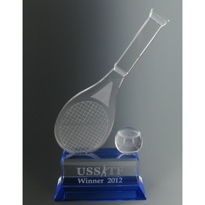 Crystal Tennis Racquet & Ball Trophy on Blue Base