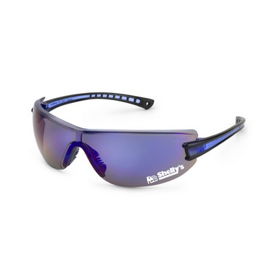 Black frame, elastic temple, blue mirror lens, Luminary safety glasses