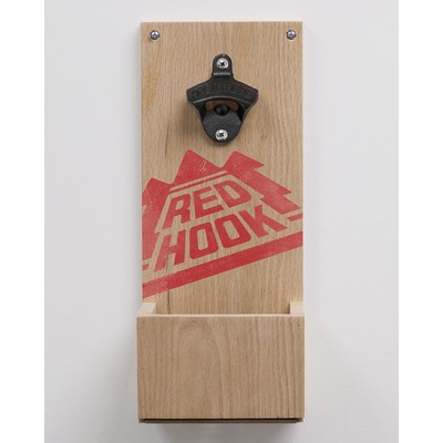 Wall-Mount Bottle Opener w/Slide-Out Wood Cap Catcher - 6"w x 14"h x 4"d