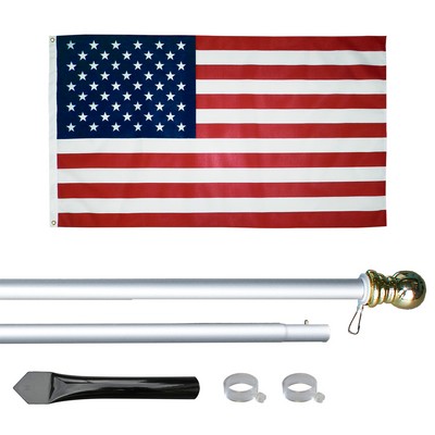 8' Silver Inground Economy Aluminum Display Pole w/ 3' x 5' Printed US Flag