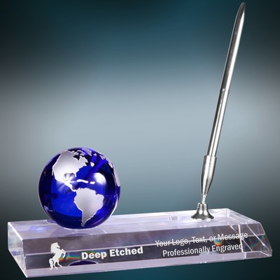 7" x 3" Blue Crystal Globe Award with Base and Pen