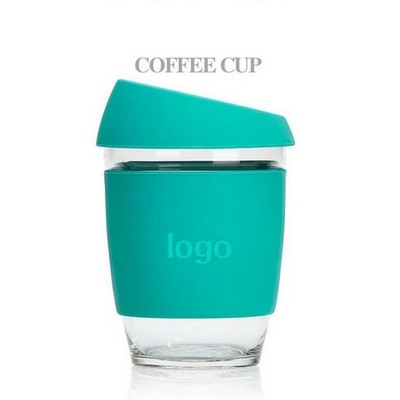 Glass Coffee Mug w/Silicone Sleeve & Lid 12 Oz.