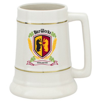 28 Oz. White Ceramic Stein w/ Gold Bands