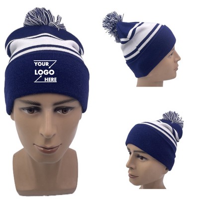 Jacquard Fans Knitted Beanie With Pom