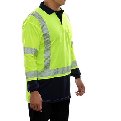 2-Tone, 3-Button Long Sleeve Polo Shirt -3M™ Scotchlite™ Reflective/Fluorescent Yellow-Green/Navy