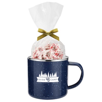 Promo Revolution - 16 Oz. Specked Camping Mug Gift Set w/White Choco. Pretzels w/Crushed Peppermint