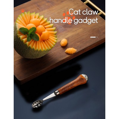 Oval Fruit Scoop Melon Scoop Ice Cream Scoop Fruit Gadget W/ Cat Claw Shaped Wood Handle