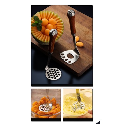 Classical Potato Masher Kitchen Tool Stainless Steel Vegetable Masher W/ Cat Claw Shaped Wood Handle