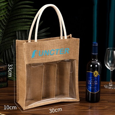 4 Bottle Jute Wine Gift Tote Bag w/ Window