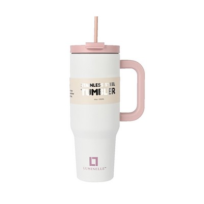 White/Pink Double Walled Insulated 40 OZ Tumbler With Straw