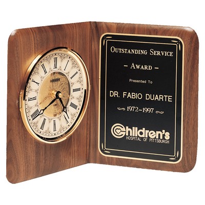 Walnut Quartz Book Clock, Brass Diamond Spun Bezel