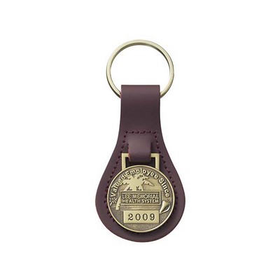 Top Grain Leather Large Tear Drop Key Tag w/ Metal Medallion Key Fob