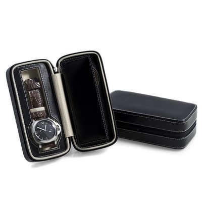 Black Leather Two Watch Travel Case