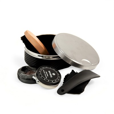 5 in 1 Shoe Shine Kit, Stainless & Black Genuine Leather Case