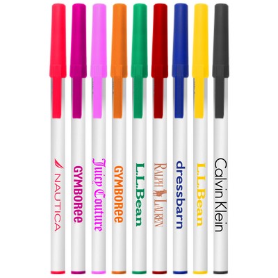 White Stick Pens with Colored Caps- Blue Ink