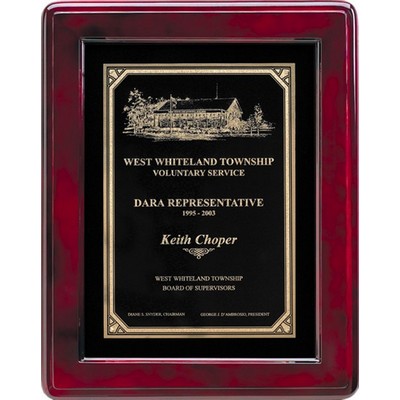 Rosewood Piano Finish Plaque, Black Plate/Florentine Border, 12"x15"