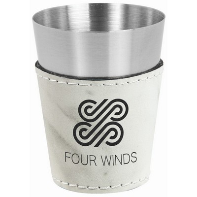 2 Oz. White Marble Laser Engraved Leatherette & Stainless Steel Shot Glass