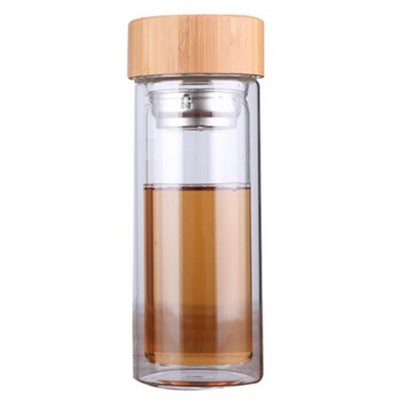 12 Oz. Double Wall Glass Bottle w/Tea Infuser And Bamboo Lid