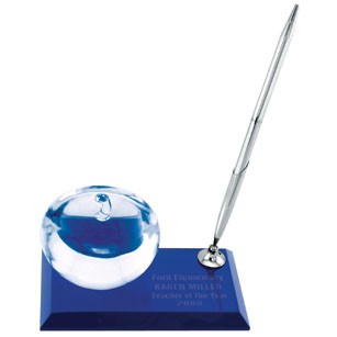 Apple Desk Award With Pen On Blue Glass Base