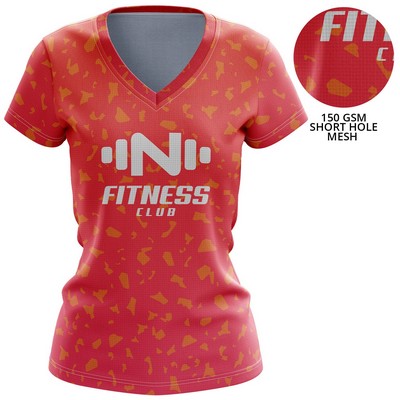 Women 150 GSM Short Hole Mesh Performance Sublimation V-Neck Short Sleeve T-Shirt