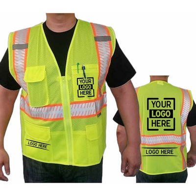 Hi Viz Class 2 Segmented Safety Mesh Zipper Vest W/ 4 Pockets & Dual Mic Tabs