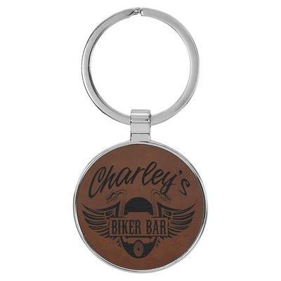 1 1/2" Leatherette/Metal Dark Brown Round Keychain