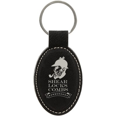 3" x 1 3/4" Black/Silver Leatherette Oval Keychain