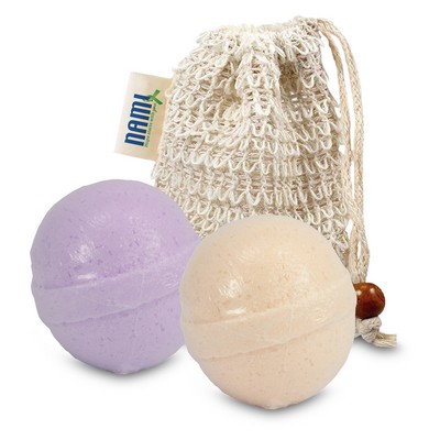 Loofah Bag with 2 Bath Bombs & Sewn-in Tag