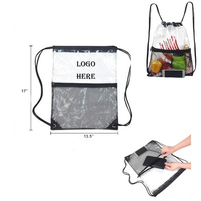 Clear Vinyl Drawstring Backpack With Front Zipper Mesh Pocket