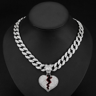 Silver Cuban Chain Silver Broken Heart Pendant Necklace Diamond Studded Necklace