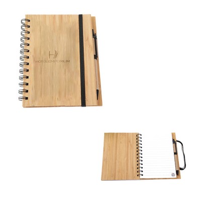 Bamboo Wooden A5 Spiral Notebook With Pen