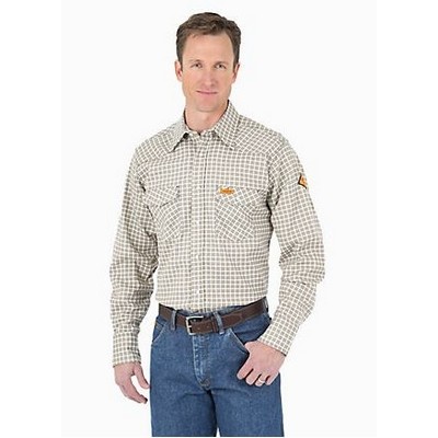 Wrangler® Men's Khaki Beige/ White Plaid Western Flame Resistant Work Shirt