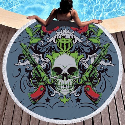 60" Dia Microfiber Skull Round Large Beach Towel for Halloween w/Tassel/Fringe