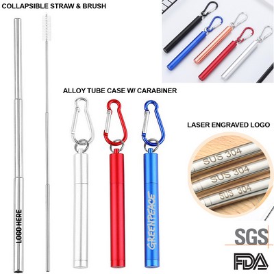 Telescopic Collapsible Stainless Steel Straw With Tubular Case, Carabiner And Cleaning Brush