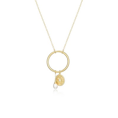 Poetic Collection Genuine Pearl Flower Medallion Charm Necklace - Gold