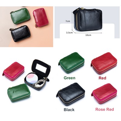 Full-grain Genuine Leather Zipper Makeup Bag Handle Bag Lipstick Storage Pouch W/Makeup Mirror