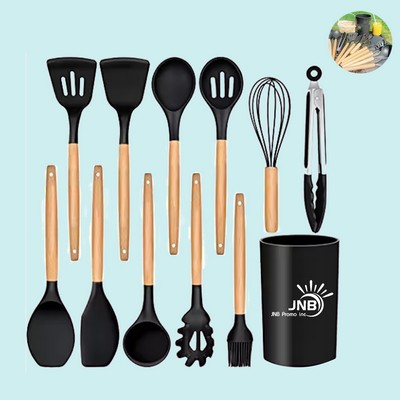 Versatile 12-Piece Silicone and Wooden Kitchen Cooking Utensils Tool Set