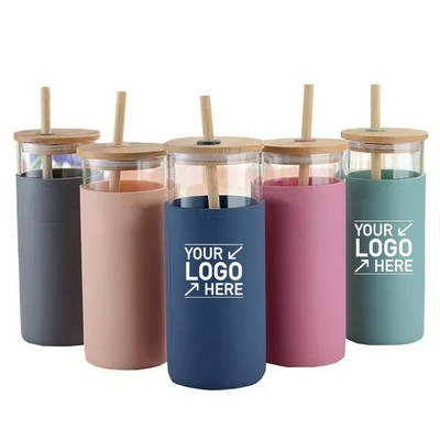 17oz Glass Tumbler with Bamboo Lid and Straw for Office