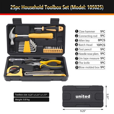 HandyPro 25pc Household Toolbox Set with Hammer, Screwdrivers, and Pliers