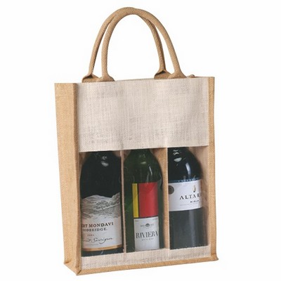 Three Bottle Wine Jute Bag with Plastic Window and cotton webbed handles