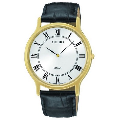 Seiko Men's Solar White with Dial Roman Numerals Black Leather Strap Watch