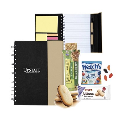 Notebook with Sticky Notes and Snacks